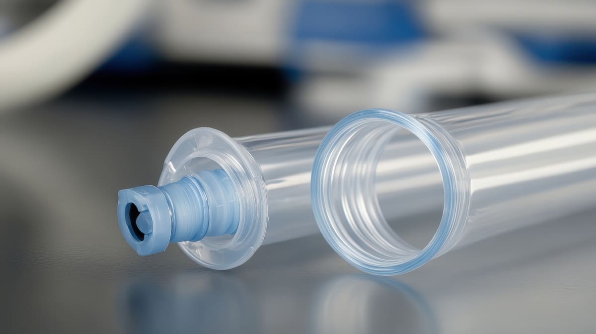 Close-up of a clear plastic medical tube split into two pieces, showing a blue inner connector and threaded opening on a reflective surface.